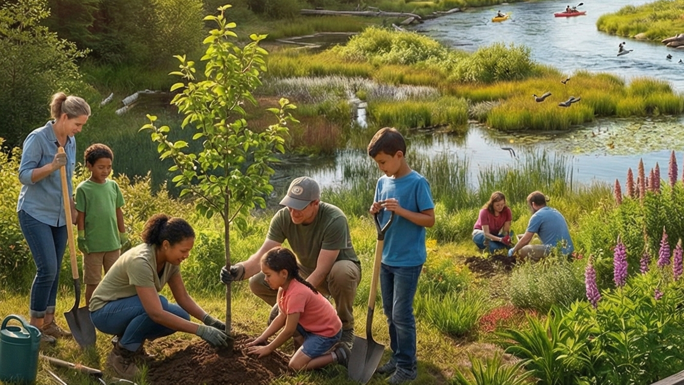 Community volunteers planting native plants along Neshaminy Creek